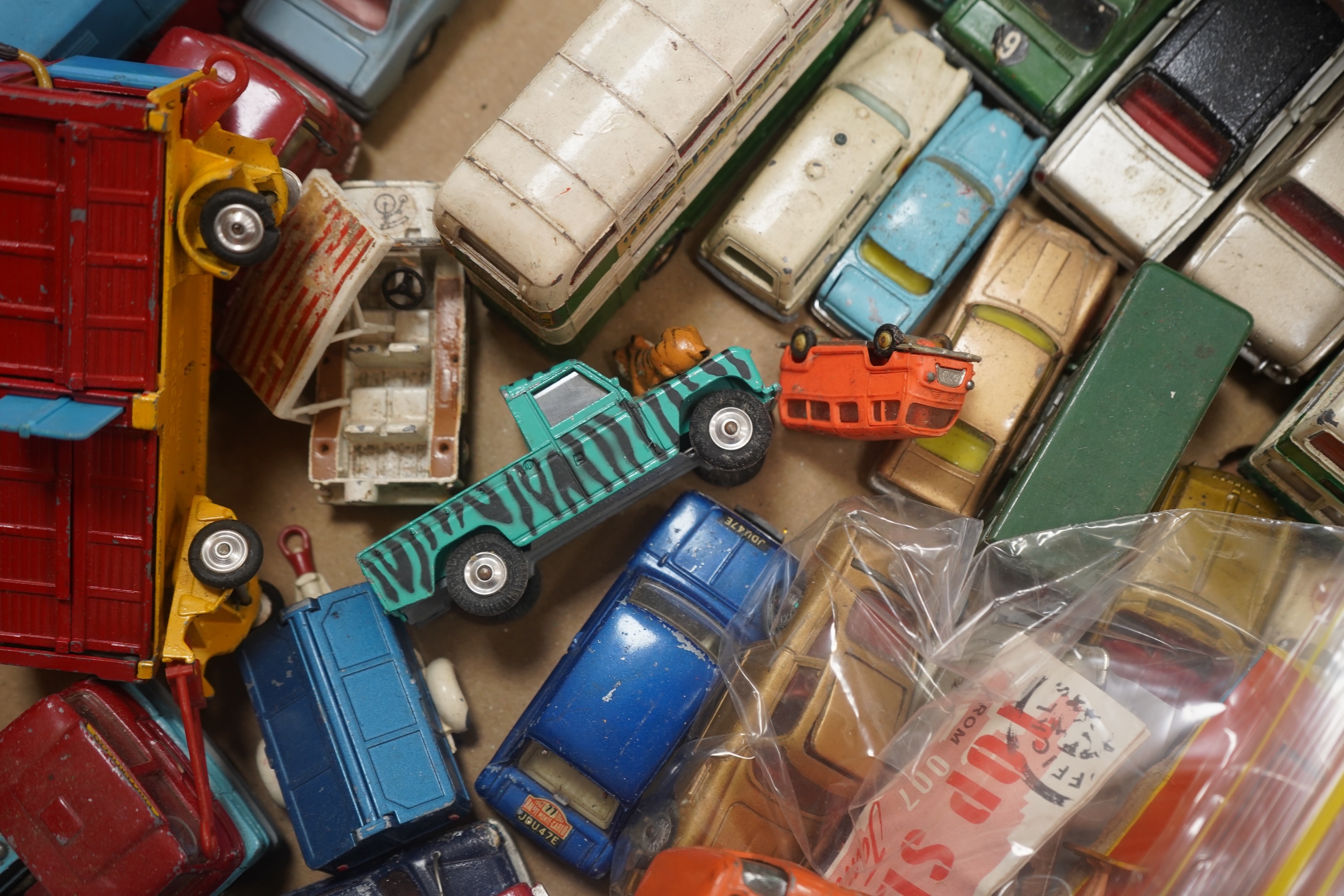 A collection of diecast vehicles by Dinky Toys, Corgi Toys, Husky, Matchbox Series, etc. including a good selection of French Dinky Toys military vehicles, original Chipperfields Circus vehicles, cars, commercial vehicle